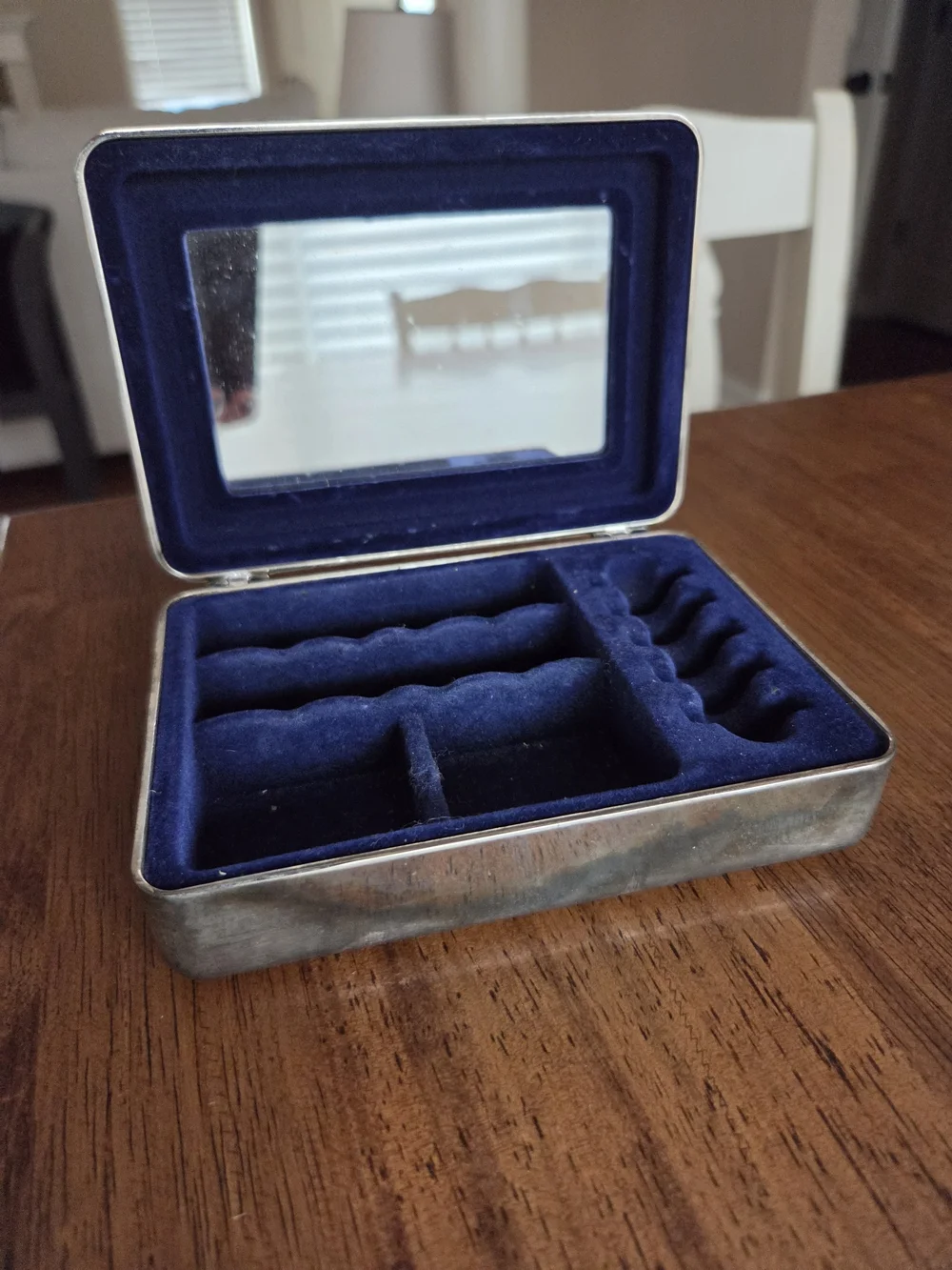 Vintage Silver Tone Jewerly Box with Gold Bow Accent & Mirror